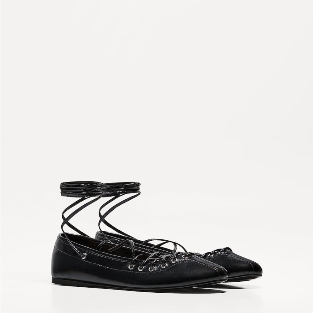 Bershka Lace Tied Ballerinas Women Flats 6.5 37 Black NWT